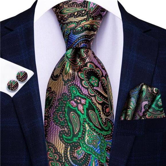 Silk paisley tie set for men with pocket square cufflinks formal wedding busines - Picture 3 of 7